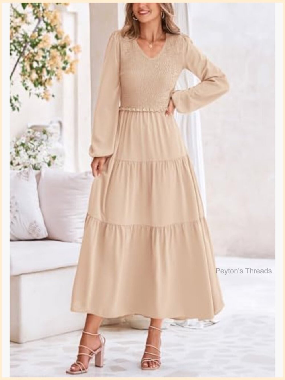 Fall Long Sleeve V Neck Smocked A Line Maxi Dress Wedding Guest - Picture 6 of 7